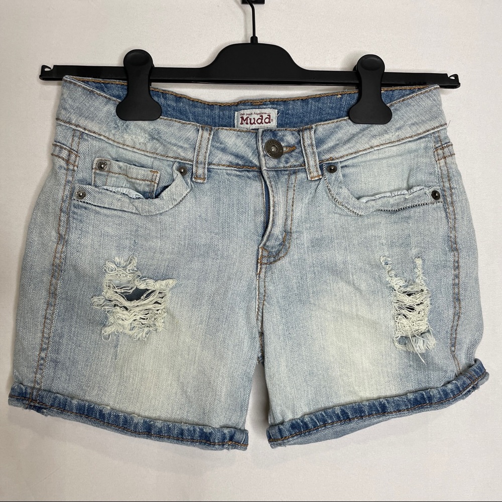 Mudd light blue wash shorts w distressed details